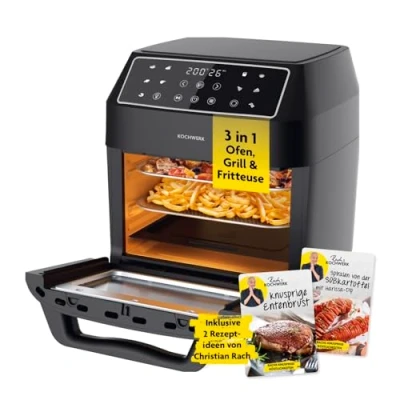Afbeelding van Rachs KOCHWERK Digitale heteluchtfriteuse, 12 liter, met XXL accessoireset, oven, grill en friteuse kijkvenster touchscreen, olievrij, 10 programma&#039;s timerfunctie
