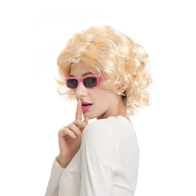 Afbeelding van SKHAOVS Blonde Korte Krullend Zijdeel Lagen Pruiken Fluffy Natuur voor Vrouwen Haar Hittebestendige Laag Pony (Blond)