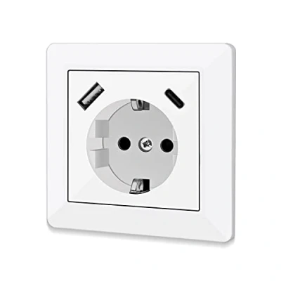 Afbeelding van Schuko stopcontact met USB en type C aansluiting (max. 5 V 3,4 A) glanzende poort, inbouw, systeem 55, zuiver wit, wandcontactdoos geaard contact