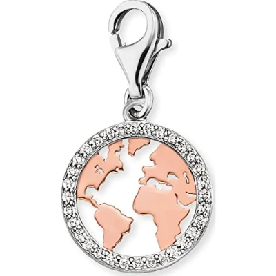 Afbeelding van Engelsrufer Charm wereldkaart 925 sterling zilver zirkonia karabijnsluiting 13,8 x 11,7 cm grootte zonder edelsteen ERC WORLD BICOR ZI, Größe: cm, zilverkleurig, Geen