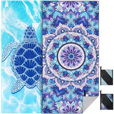 Afbeelding van Strandhanddoek XXL 2 delige set 90 x 180 cm, grote sneldrogende microvezel handdoek, zandvrije badhanddoek, stranddeken voor vrouwen (schildpad + mandala)