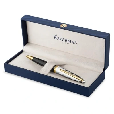 Afbeelding van Waterman Carene balpen metaal en zwarte lak met gouden detail gebeitelde dop medium punt Geschenkdoos