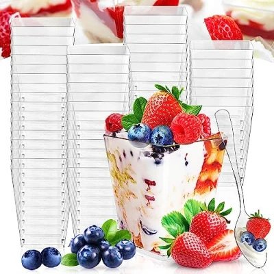 Afbeelding van NCKIHRKK Set van 60 dessertkopjes, 160 ml, herbruikbare kunststof glazen met lepel, desserteieren, dessertkommen voor ijs, pudding schuim