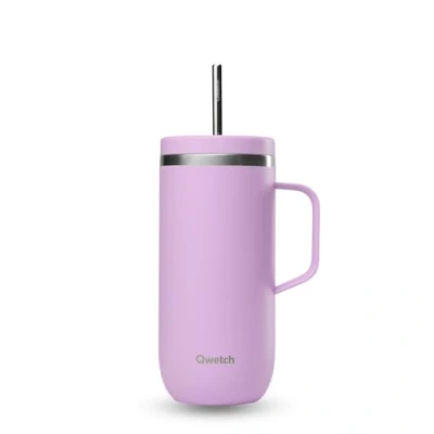 Afbeelding van QWETCH Cold Cup 600 ml met handvat en rietje 24 uur ijskoud 12 koud Lavendel Thermosfles van roestvrij staal, koffiemok