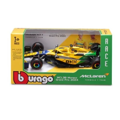 Afbeelding van F1 McLAREN MCL38 2024 Monaco GP Livrea Senna 30e verjaardag Formule 1 OSCAR PLASTRI 81 schaal 1:43 12 cm Bburago 18 38214 P