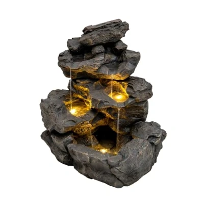 Afbeelding van Cascade Buiten Waterornament Elektrisch Tuin Fontein Polyresin Grijs x3 Warm Witte LED Verlichting Aansluiten Pomp 7m Kabel Standbeeld Waterval Huis Terras Decor Sleek Rustic Rapids Schoonmaakborstel