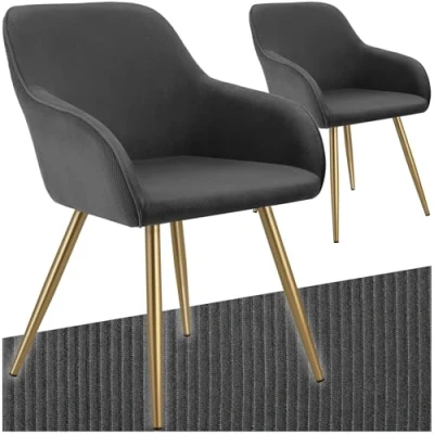 Afbeelding van tectake® 2 x Stoel Gestoffeerde Woonkamerstoel met cordlook antraciet/goud Designstoel, Loungestoel Draagvermogen tot 120kg