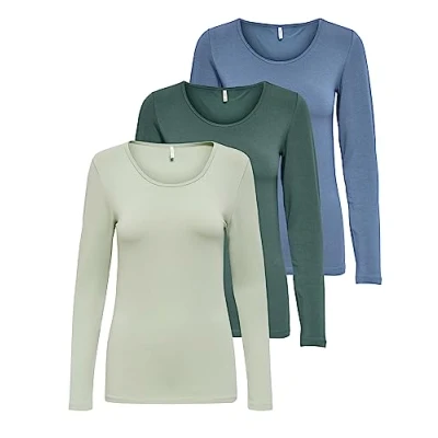 Afbeelding van ONLY Onllive Love Life L/S Oneck Top Noos Jrs T shirt dames, 1 x Desert Sage, Balsem Groen, China Blauw