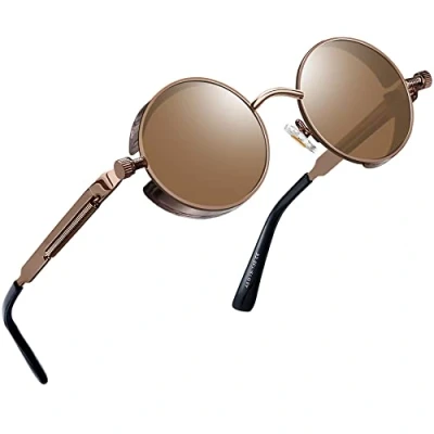 Afbeelding van Joopin Zonnebril voor heren, gepolariseerd, retro, hippie, steampunk, UV400, metalen frame, ronde lunette