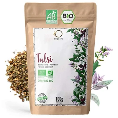Image de ORIGEENS Tulsi Bio 100g FEUILLES SECHEES DE BASILIC SACRE The en vrac sans théine, Tisane anti stress