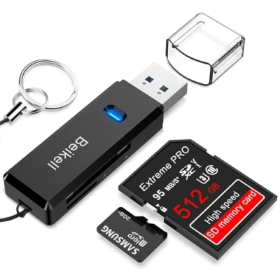 Afbeelding van Beikell USB 3.0 kaartlezer, SD/Micro SD geheugenkaartlezer, hoge snelheid, MMC, geheugenstick, SDXC, SDHC, voor pc, Windows en Mac OS, met sleutelhanger, zwart