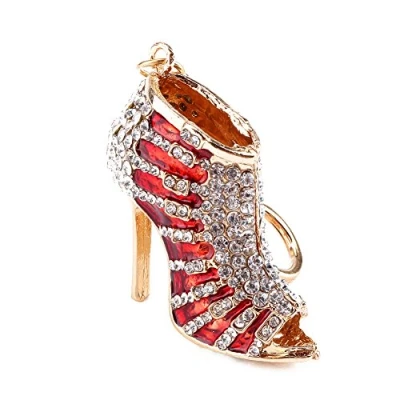Afbeelding van Sleutelhanger Strass Kristal Hoge Hakken Schoenen Lady Gift Stiletto Email Goud Hanger Sleutel Handtas Ketting, Rood