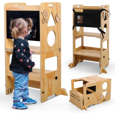 Afbeelding van Olvy Kids 3 in 1 Leertoren Keukenhulp Learning Tower Montessori Kindertrap Keukentoren Inklapbaar