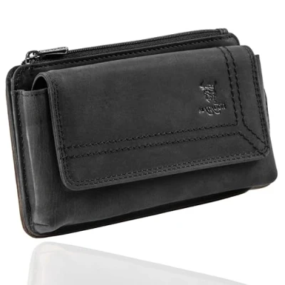 Afbeelding van MATADOR Universele riemhoes van echt leer voor mobiele telefoon tot 6,9 inch met magnetische dwarssluiting geschenkdoos (mat zwart)