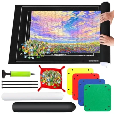Afbeelding van RISVOWO puzzelmat, viltrol voor 1500, 2000, 3000 stukjes, opbergmat draagbare puzzels, puzzelrol, reizen, opbergtas (zwart)