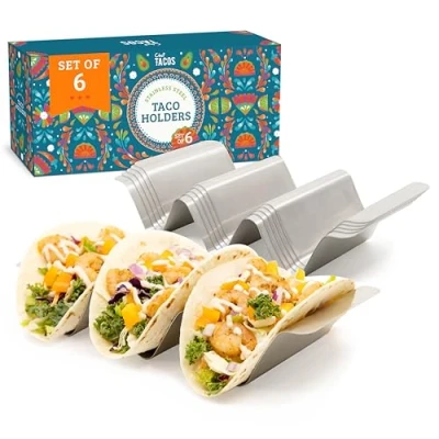 Afbeelding van Chef Tacos Set van 6 taco houders roestvrij staal met handgrepen, vaatwasser en grillbestendig, serveerset, BPA vrij metalen rek