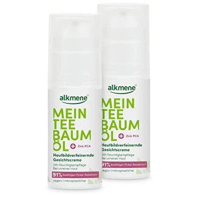 Afbeelding van alkmene Mijn tea tree olie gezichtscrème 2 x 50 ml puistjesreductie bevestigd tot 91% Natuurlijke, veganistische en klimaatneutrale 24 uur hydraterende verzorging voor