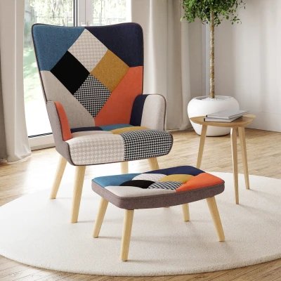 Afbeelding van Fauteuil scandinave IVAR avec repose pieds en tissu patchwork multicouleurs et imprimé pied de poule