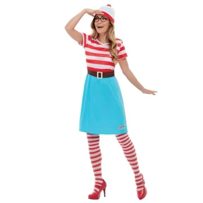 Afbeelding van Smiffy&#039;s Where&#039;s Wally Kostuum Zoekplaatje Waar Is Wenda Vrouw Blauw, Rood Medium Carnavalskleding Verkleedkleding