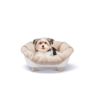 Afbeelding van Ferplast Wasbaar verhoogd bed voor honden en katten met kussen, ademende antislip kunststof mand, 64 x 48 29,5 cm, wit
