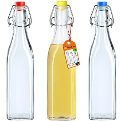 Afbeelding van KADAX Universele fles met beugelsluiting, dichte beugelfles, vintage glazen fles, drinkfles, likeurfles, sapfles, beugelsluitfles (500 ml, 3 stuks)