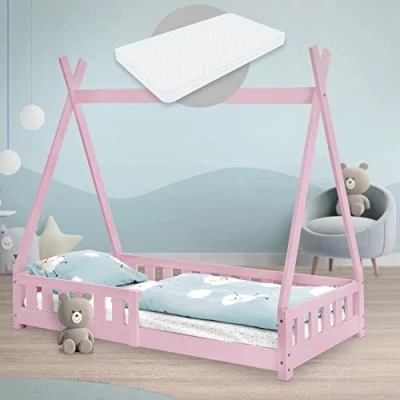 Afbeelding van Kinderbed Tipi 80x160 cm roze van dennenhout incl. matras H 10cm uitvalbescherming en lattenbodem ML Design