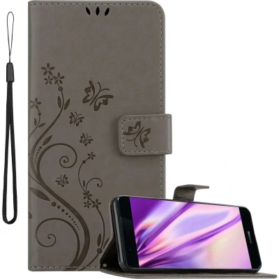 Afbeelding van Cadorabo Hoesje geschikt voor Huawei P9 in BLOEMEN GRIJS Beschermhoes bloemmotief met magnetische sluiting, standfunctie en kaartsleuven Book Case Cover Etui