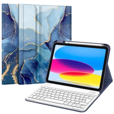 Afbeelding van Fintie AZERTY Frans toetsenbord voor iPad 10e generatie 2022 10,9 inch draadloos toetsenbord, multiposities, marmer, oceaan