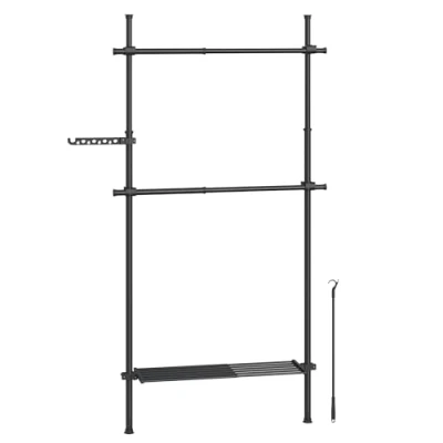 Afbeelding van SONGMICS Kapstok plafondhoogte, 3 niveaus, hoogte en breedte, open kast met afneembare plank, kapstok, grijparm, matzwart HSR136B01