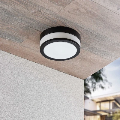 Afbeelding van Lindby Plafondlamp badkamer 2lichts glas, metaal H: 9 cm E27 opaalwit, mat zwart