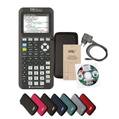Afbeelding van TI 84 Plus CE T Python Edition + uitgebreide garantie van CALCUSO oplaadkabel leercd (Duits) WYNGS beschermfolie beschermhoes zwart (uitloop)