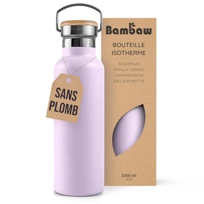 Afbeelding van Bambaw® 1000ml RVS Thermosfles Dubbelwandig, Milieuvriendelijk, Lekvrijen, loodvrij en Plasticvrij Geïsoleerde Fles met Bamboe Deksel voor Warme Koude Dranken Ideaal Reizen, Werk, Yoga, Wandelen Dagelijks Gebruik violet
