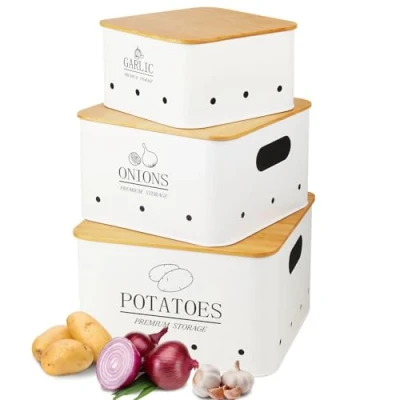 Afbeelding van Otauoaea aardappelhouder uien knoflook set van 3 blikjes aardappelen en keuken met bamboedeksel ventilatiegaten spaardozen