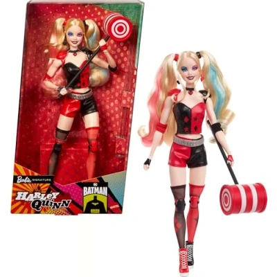 Afbeelding van Barbie Signature Harley Quinn, verzamelpop, met houdbaar lichaam, iconische outfit en hamer accessoires, DC Batman 85th Anniversary Collectible, HRM84