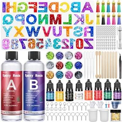 Afbeelding van AOLLEN epoxyhars set voor beginners, epoxyharsvormen, letters, cijfers, epoxyhars, siliconen vorm sleutelhanger, 400 ml hars gietset met accessoires, verf, pailletten, kwasten