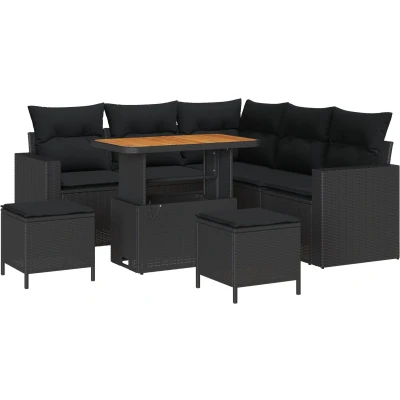 Afbeelding van vidaXL 8 delige tuin sofa set met kussens Zwart Poly Riet Acacia, 3 eetset Acacia