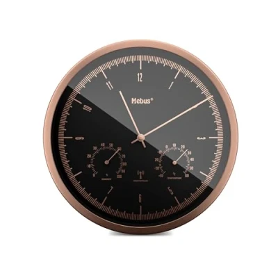 Afbeelding van Mebus TinyTime 1978 Radiogestuurde wandklok met thermo en hygrometer, geen tikkend geluid, 25 cm, zwarte wijzerplaat, koperkleurige behuizing