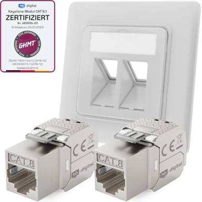 Afbeelding van hb digital CAT 8 netwerkcontactdoos inbouw 2 poorten RAL9003 signaalwit + x Keystone RJ45 LAN Ethernet vrouwelijk voor 5e 6 6a 7 2000 MHz 40 Gbit/s STP