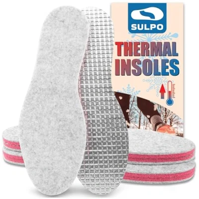Afbeelding van SULPO 3 paar winterinlegzolen, 6 mm, zachte en comfortabele vilten inlegzolen, extra dik ademend, aluminium isolatie, thermische inlegzolen voor koud weer, maten 35 47