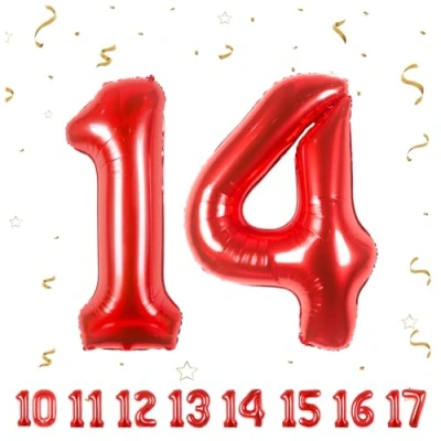 Afbeelding van Verjaardagsballonnen 14 rood 100 cm ballon cijfer 14, nummer Happy Birthday decoratie, ballonnen, verjaardagsfeest, jaren vliegt dankzij helium