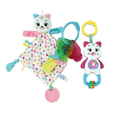 Image de Coffret de naissance Chat Doudou + Hochet Clés en plastique souple à mordiller Rose