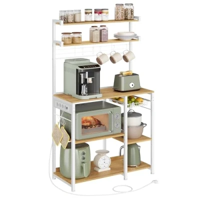 Afbeelding van VASAGLE Keukenrek met stekkerdoos, houder voor magnetron, koffiebar, 4 AC stopcontacten, verstelbare planken, 8 S haken, mand, kruidenrek, eiken goud en wolkenwit KKS031Y19