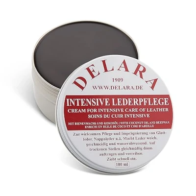 Afbeelding van DELARA Intensieve leerverzorging, bruin, 75 ml impregneert en beschermt leer zeer effectief. Nieuwe formule met hoogwaardige kokosolie bijenwas Made in Germany