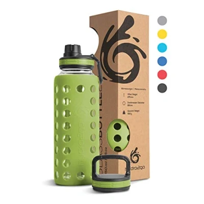 Afbeelding van hydro2go® Trinkflasche aus Glas mit Silikonhülle 550 ml spülmaschinenfest 2 auswechselbare Deckel 100% Auslaufsicher BPA frei Glasflasche für Kinder, Smoothies, Büro, Fitness, Yoga, Sport &amp; Outdoor