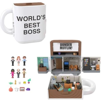 Afbeelding van Polly Pocket The Office JCC19 set met 6 karakterfiguren en 9 accessoires, verzamelbaar partnerschapsspeelgoed, in mokvorm, geïnspireerd op de serie Office,