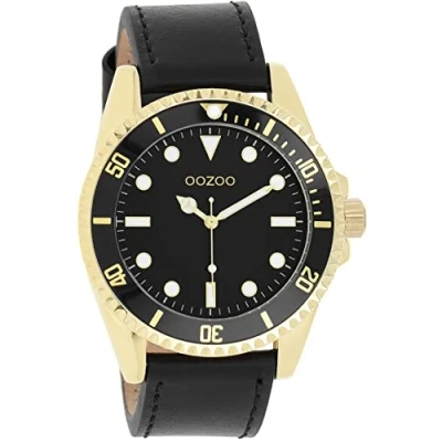 Afbeelding van OOZOO Timepieces Goudkleurige horloge met zwarte leren band C11115