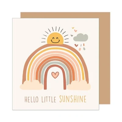 Afbeelding van Edition Seidel Hoogwaardige vierkante wenskaart voor geboorte, met envelop, opschrift &quot;Hello Little Sunshine Billet&quot;, jongens en meisjes, motief zon