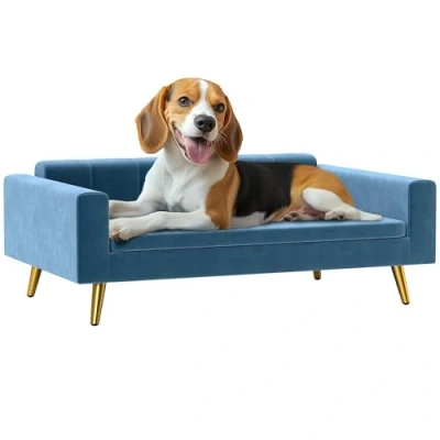 Afbeelding van PawHut Hondenbank, hondenbed, fluwelen bekleding, 94 x 59,5 31,5 cm, Scandinavisch design, hondenbank op voet, met zacht kussen, poten van roestvrij staal, blauw