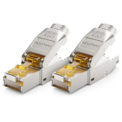 Afbeelding van deleyCON 2 x CAT 8 RJ45 netwerkstekker zonder gereedschap 40 Gbit/s afgeschermd voor stijve installatiekabels, ruwe kabel RJ45, ethernet, LAN DSL patchkabel