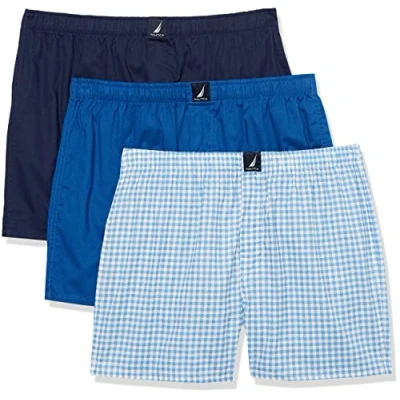 Afbeelding van Nautica Set van 3 boxershorts geweven katoen voor heren, Peacoat/Monaco Blue/Med Check Print, XL